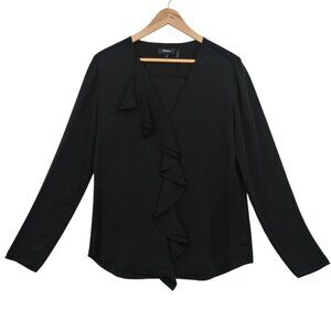 Theory Black 100% Satin Ruffle Button Blouse‎ S